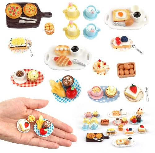 50 Stück Puppenhaus Zubehör, Miniatur Essen und Trinken aus Harz, 1:12 Lebensmittel Miniatur Deko für Mini Küche, Rollenspiel Spielzeug, Essen Party