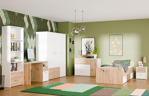 Jugendzimmer Culgoa in Weiß und Artisan Eiche – 6-teiliges Kinderzimmer Komplett-Set | Kleiderschrank, Jugendbett 90x200 cm, Schreibtisch, Nachttisch, Kommode, Regal