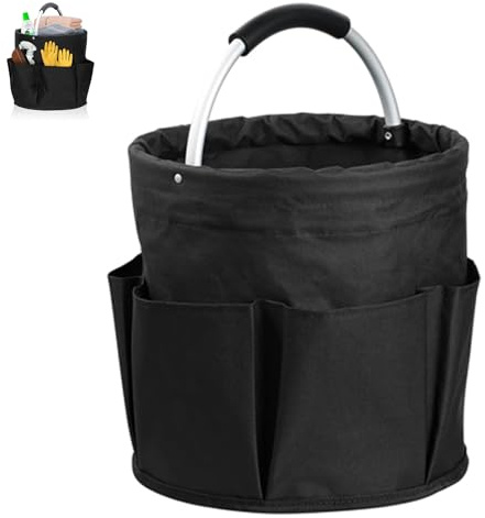 Putzmittel Organizer, 28 x 28 cm Universal Reinigungs Caddy, Faltbare Aufbewahrungskorb, Mit Griff und 6 Fächern, Reinigungstasche für Innenbereich,Garten,Badezimmer, Schwarz