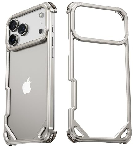 NIFBANG for iPhone 17 Pro Max Phone Case,Aluminum Thin Slim No Back Cases Compatible with MagSafe,Metal Frameless 4 Corner Airbags Shockproof Protective Bumper Cover for iPhone 17 Promax(Silver)