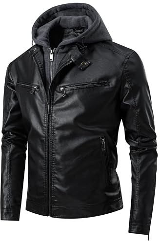 TONY BACKER - Giubbotto Uomo In Pelle Con Cappuccio, Giacca in Ecopelle Adatto Come Giacca Moto E Giacca Invernale Uomo, Imbottitura Interna E Cappuccio Removibile, Casual, Biker, Street Style