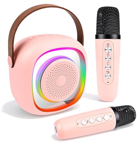 Ambesty Karaoke Enfant avec 2 Microphones sans Fil, Micro Portables Karaoké, Jouet de Karaoké Bluetooth avec Voix Change et LED Lumière pour 3-12 Enfant Fille Cadeau Chanter Adulte (Rose)