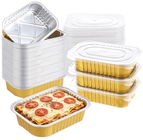 WOPPLXY 125 PCS Gold Foil Trays with Lids, 450ml Aluminum Foil Mini Loaf Tins for Baking with Plastic Lids, Rectangular Takeaway Food Containers for Cake, Baking, Meal Prep, Leftover 161x110x43mm