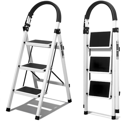 Escalera Plegable 3 peldaños con pasamanos y con Pedal Antideslizante | Taburete Multifuncional con Superficie | Escaleras Plegables Domésticas | Step Ladder para Hogar (3 escalones)
