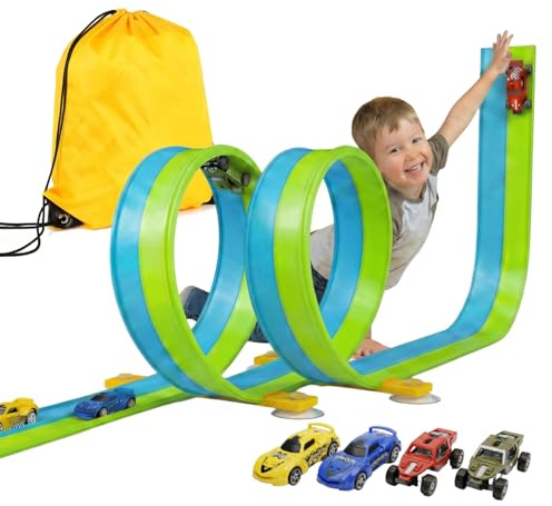5M Flexible Autorennbahn Set mit 2 Loopings, 2-in-1 Rennbahn mit Autos & Tragtasche, Schwerkraft & Pull-Back Rennstrecke, Spielzeug für Kinder ab 3 4 5 6 Jahre, Geschenk für Indoor/Outdoor (Grün)