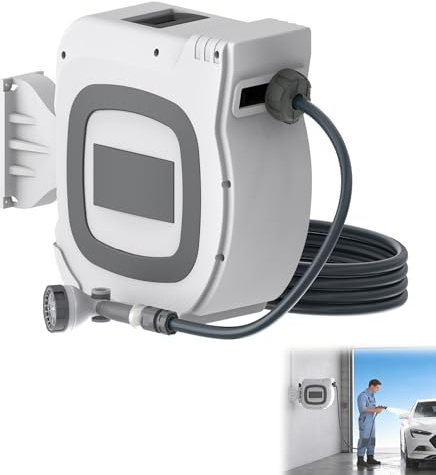 LZQ Gartenschlauch Aufroller 28+2m, Schlauchtrommel mit 10 Funktionen Handbrause & 180° Schwenkhalterung, Schlauchaufroller Wasserschlauch, Garten Schlauchbox Automatische Aufrollfunktion, Weiß-Grau