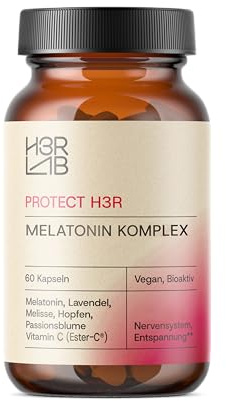 H3R Lab Melatonin Komplex – 60 Kapseln | Lavendel, Melisse, Hopfen & Passionsblume | Vitamin B6 P5P & Pantothensäure | Vegan | Ohne Zusatzstoffe | Ester-C®