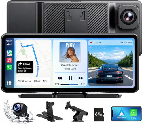 LAMTTO Wireless CarPlay Android Auto Display mit Dashcam 2,5K+1080P, Tragbares 6,86 Zoll HD Touchscreen Car Play Bildschirm mit Sprachassistenz Navigation Bluetooth FM AUX 64GB Karte Mirror Link