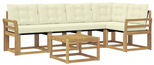 vidaXL Outdoor-Sofagarnitur mit Kissen 6 pcs Weiß und Creme, Akazien Outdoor Sofa Set, modische Möbel für Terrasse, wetterfester Couch, entspannende Sitzgruppe im Garten