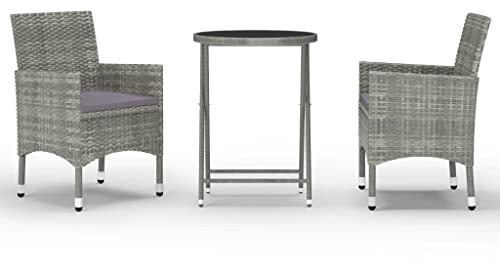 Qnhdfrt 3-TLG. Bistro-Set aus Polyrattan, Gartenmöbel Set mit klappbarem Tisch und 2 Stühlen inkl. Sitzpolster, Balkonmöbel Sitzgruppe aus Stahl und Hartglas für Terrasse, Grau