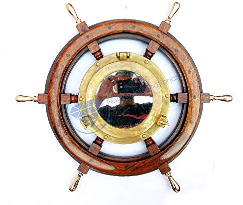 Nagina International Deluxe Rosewood Crafted Nautical Wooden Ship Wheel With Antique Brass Porthole Window | Authentic Pirate Decor Transparent Glass (48 Inches)