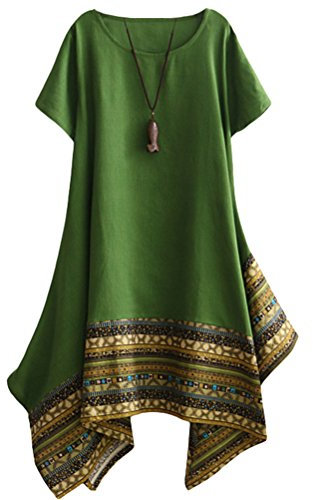 Vogstyle Damen Sommer Kleid Langarm Unregelmäßige Saum Ethnisch Mischfarben Baumwolle Leinen Lang Bluse Shirt, XXL, Grün