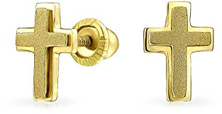 Winzige Minimalistische Religiöse Christliche Kreuz Ohrringe Für Frauen Teenager Echte 14K Gelbgold Matte Pinsel Finish Sicherheitskupplung Zurückschrauben