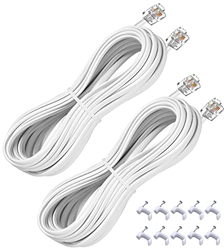 YIENFBEV 25FT Telephone Extension Cord Cable, Landline Phone Line Wire with RJ11 6P4C Plugs, Includes Cable Clips - White - 2 Pack