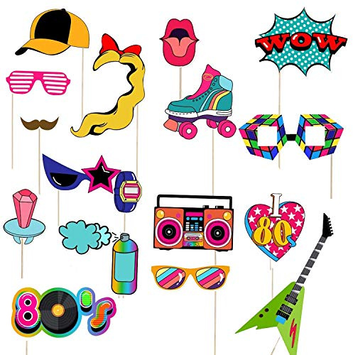 Trimming Shop 80s Theme Retro Birthday Party Photo Booth Props, 18pcs | Assorted Design for Funny Selfie Photography, Wedding, Prom Party, Event Decoration