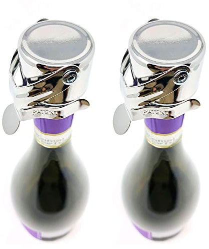 Champagne Stoppers by Kloveo - Patented Seal (No Pressure Pump Needed) Made in Italy - Professional Grade WAF Champagne Bottle Stopper - Prosecco, Cava, and Sparkling Wine Stopper - Chrome, 2-Pack