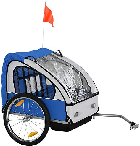HOMCOM Kinderfahrradanhänger mit 2 Sitzen, 2 Sicherheitsgurten, Stahlrahmen und Oxford-Gewebebezug Blau