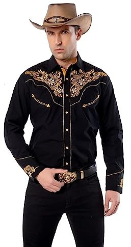 EL PIONERO Men's Western Shirt Long Sleeve Embroidered Cowboy Casual Snap Button Shirt, Black-yellow, XL