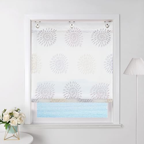ESLIR Raffrollo ohne Bohren Raffgardine mit Ösen Transparent Gardinen mit Haken Ösenrollo mit Kreis-Motiven Modern Voile Lila BxH 80x140cm 1 Stück
