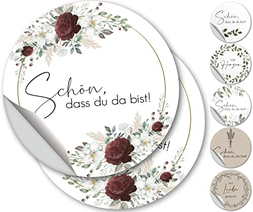 100 Aufkleber Schön dass du da bist - Sticker schön dass du da bist fürs Gastgeschenk, wedding, Hochzeits Sticker, Rund 4,5cm Vintage, Hochzeit, Aufkleber - Burgundy Roses