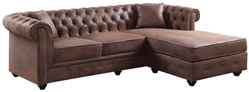 Vente-unique-Chesterfield Ecksofa - Microfaser Vintage Look - Braun - Toledo