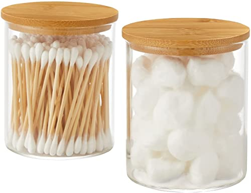 Dispensador de vidrio con tapa, 2 frascos de boticario, almohadillas de bolas de algodón, soporte para hisopos, frascos de tocador para baño, para almacenamiento y organización de encimeras
