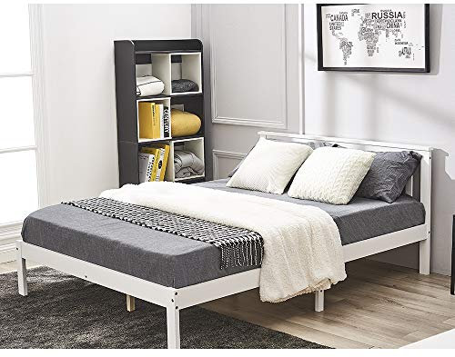 Panana Solid Pine Wood Double Bed Frame 4FT6 Wooden Bed for Adults, Kids, Teenager, White, 135 * 190cm