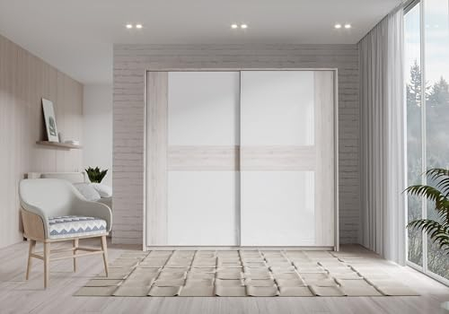 Forte RONDINO Schrank 220, Kleiderschrank, Schwebetürenschrank Skandinavisch Schlafzimmer 2-türig, Holzdekor: Sandeiche/Weiß Hochglanz, 220 cm breit x 210 cm hoch x 61 cm tief
