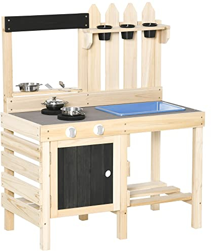 Outsunny Matschküche Outdoor Sandspieleset aus Holz Gartenküche Spieltisch Sand mit Pflanztöpfe Edelstahl Zubehör Spielzeugset Spielzeugküche für 3-7 Jahre 81,5 x 46 x 102,5 cm