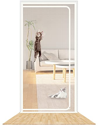 SHRRL Reinforced Cat Screen Door Fits Door Size 120cm x 220cm , Heavy Duty Pets Proof Screen Door with Zipper, Prevent Dogs Cats Running out from Home, White