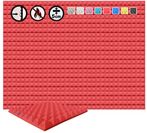 Arrowzoom 12 Akkustik Platten Akkustikschaumstoffmatten Akustikschaumstoff 50x50x5cm Dämmung Pyramide Noppenschaumstoff Breitbandabsorber Foam Feuerhemmend Tonstudio Schallabsorbierende Rot