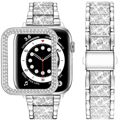 wutwuk Compatible with Apple Watch Straps Women 45mm, Metal Sparkling iWatch band with Bling Case, Replacement Rhinestone Glitter Wristband for iWatch Series 9 8 7-Silver 45mm