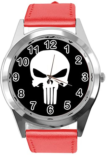 TAPORT Red Leather Round Watch for Fans of Skull
