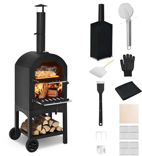 Happygrill - Pizzaofen mit 2 Rädern, integriertes Thermometer, Pizzastein, Pizzaschale, wasserdichte Abdeckung, tragbarer Pizzaofen für