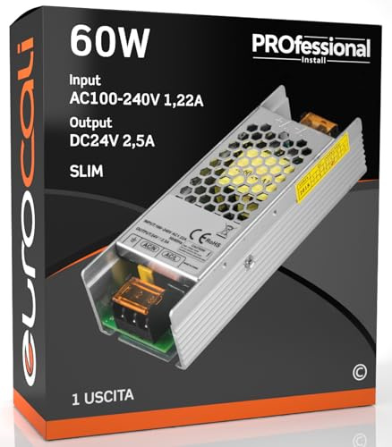 Alimentatore 24V 2.5A 60W per Strisce LED e altri dispositivi - Uso Interno Input 100-240V Morsetti a Vite - in Metallo