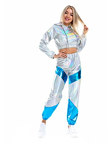 IWEMEK Rave Outfits Damen Metallic Top Glitzer Hose Trainingsanzug Glänzend Hohe Taille Jogginghose Lack Leder Oberteil 80er 90er Fasching Party Disco Hip Hop Kostüm Clubwear Leser Silber + Blau S