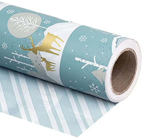 RUSPEPA Wendbares Weihnachts-Geschenkpapier – Mini-Rolle – 43,2 cm x 10 m – Blau-weißes Rentier-Familienurlaubs-Landschafts- und Streifen-Design für Urlaub, Party, Feiern