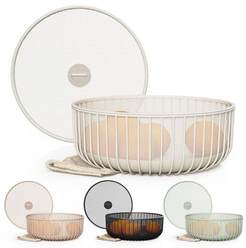 Libken Metal Fruit Bowl with Mesh Lid and Basket - Fruit and Vegetable Holder for Kitchen Counter - Stand Up Baskets for Countertop - Bowl Storage for Vegetables, Fruits, Snacks, Banana - Warm