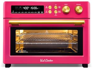 VAL CUCINA - Freidora de aire con calefacción por infrarrojos rosa feliz edición limitada, horno de convección extragrande para encimera 10 en 1, tostadas de 6 rebanadas, sartén esmaltada, fácil de