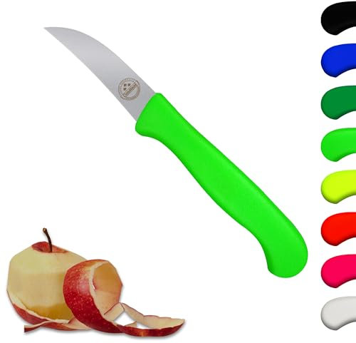 Schälmesser Solingen Neongrün scharf, gebogen 6 cm, Kartoffel, Apfel, rostfreie Klinge, Chrom-Stahl, Küchenmesser, Dünnschliff, Handabzug, Made in Germany