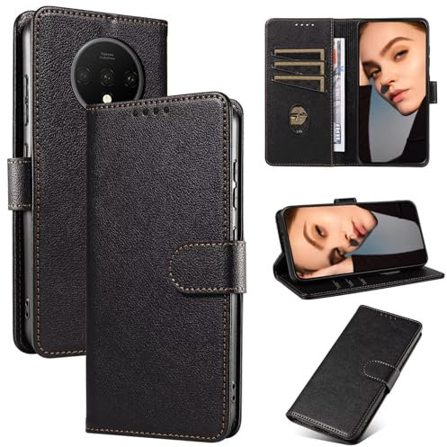 FMPCUON Handyhülle für OnePlus 7T Hülle PU Leder Handyhülle Lederhülle Klapphülle Magnet Kartenfach Flip Cover für OnePlus 7T Handy hülle Leather Wallet Phone Case - Schwarz