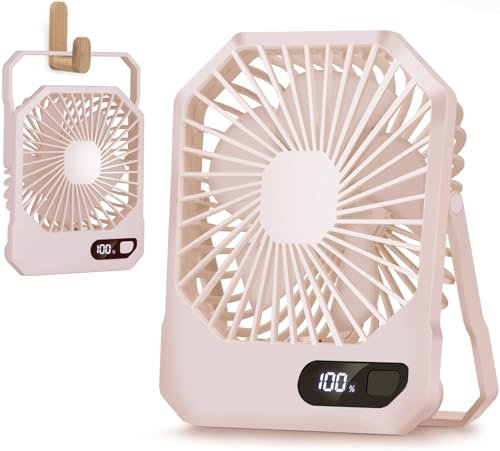 Furnsii Ventilador de Mesa e Colgante 2 en 1, Pequeño Ventilador Sobremesa Silencioso con Soporte 180° e Display LED, Portatil Mini Ventilador Escritorio USB-C Recargable (Rosa)