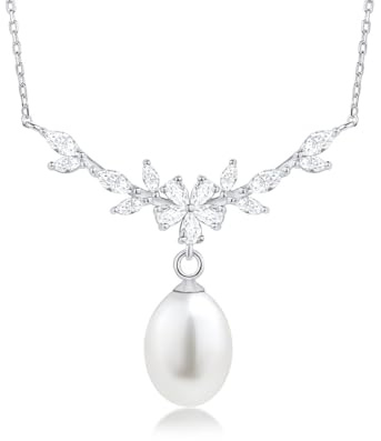 DANIEL CLIFFORD 'Leia' Damen Halskette Silber 925 Anhänger einzelne Perle Süßwasserzucht Kristalle, 45cm filigrane Silberkette Perlenanhänger Geschenk