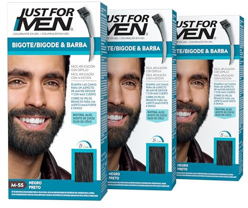 Just For Men Tinte Bigote Y Barba, Elimina Las Canas Para Una Apariencia Más Espesa Y Completa, Con Pincel Aplicador Incluido, Color Negro, M55 (3 Pack)