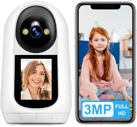 ANTELA Cámara de vigilancia Interior 3MP, cámara de vídeo bidireccional con Pantalla de 2,4 Pulgadas, 355°/90°, visión Nocturna IR y detección de Movimiento, Compatible con Alexa/Google Home, 2,4GHz