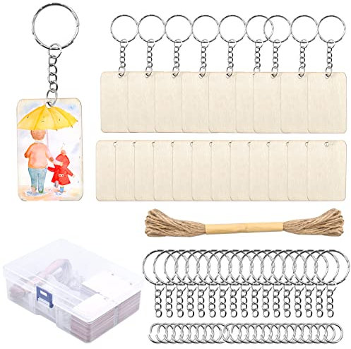 50PCS Porte-Clés en Bois Vierge Naturel, Pendentifs En Bois Pour Bricolage, Rectangle Personnalisé Porte Clés Étiquette Gravable Peinte Pour Femmes Hommes Porte Clef Bois Naturel Décor