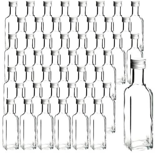 gouveo 48er Set Glasflasche 100 ml (0,10 l) Glasflasche 100 ml Maraska Schraubverschluss PP24 silberfarben, eckige Klarglasflaschen zum Befüllen für Likör, Öl, Essig, Sirup (MFET100S)