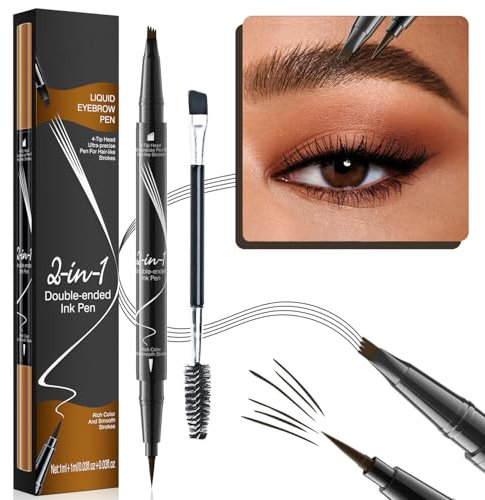 Dual-Ended Eyebrow Pencil - Waterproof, Ultra Fine With Four Micro-Fork Tip Liquid Brow Pen - Smudgeproof With Brush for Natural Looking Defined Eyebrows
