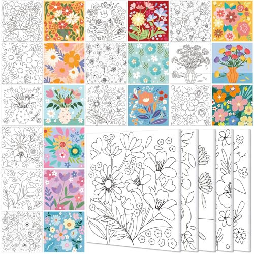 Teling 12-teiliges vorgezeichnetes, gespanntes Leinwand-Set für Erwachsene, vorgedruckte Leinwand, Umriss für DIY-Malerei, Partyzubehör, 15,2 x 15,2 x 1,5 cm (Blume)