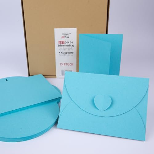 PresentFill® - blanko Falt-Karten inkl. Briefumschläge mit Herz Verschluß - 50er Set - Azur Blau - Klappkarten zum selbst gestalten, beschriften oder bedrucken - DIN A6 / C6